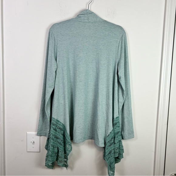 LOGO by Lori Goldstein Cardigan womens medium Open Front Stripe  w/ Lace Godets - Picture 6 of 9